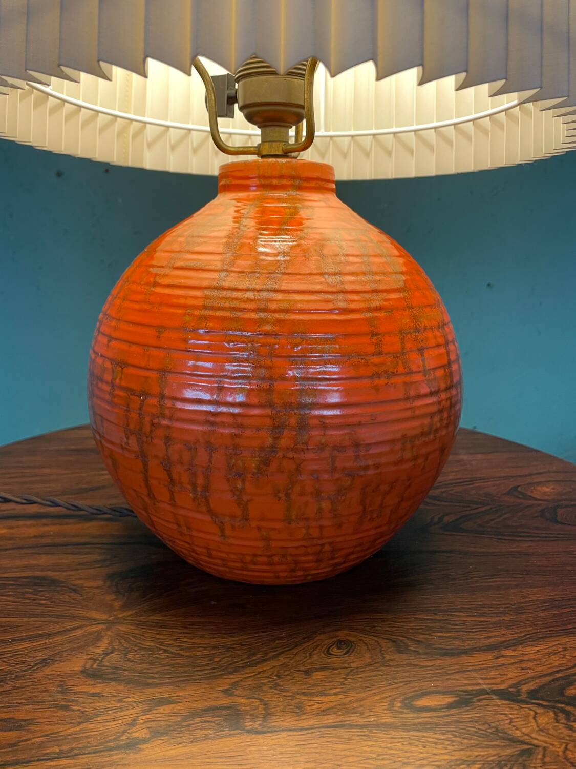 Art Deco HAK Herman Kähler Pottery Lamp, c.1930s Orange Globe with Brass Details