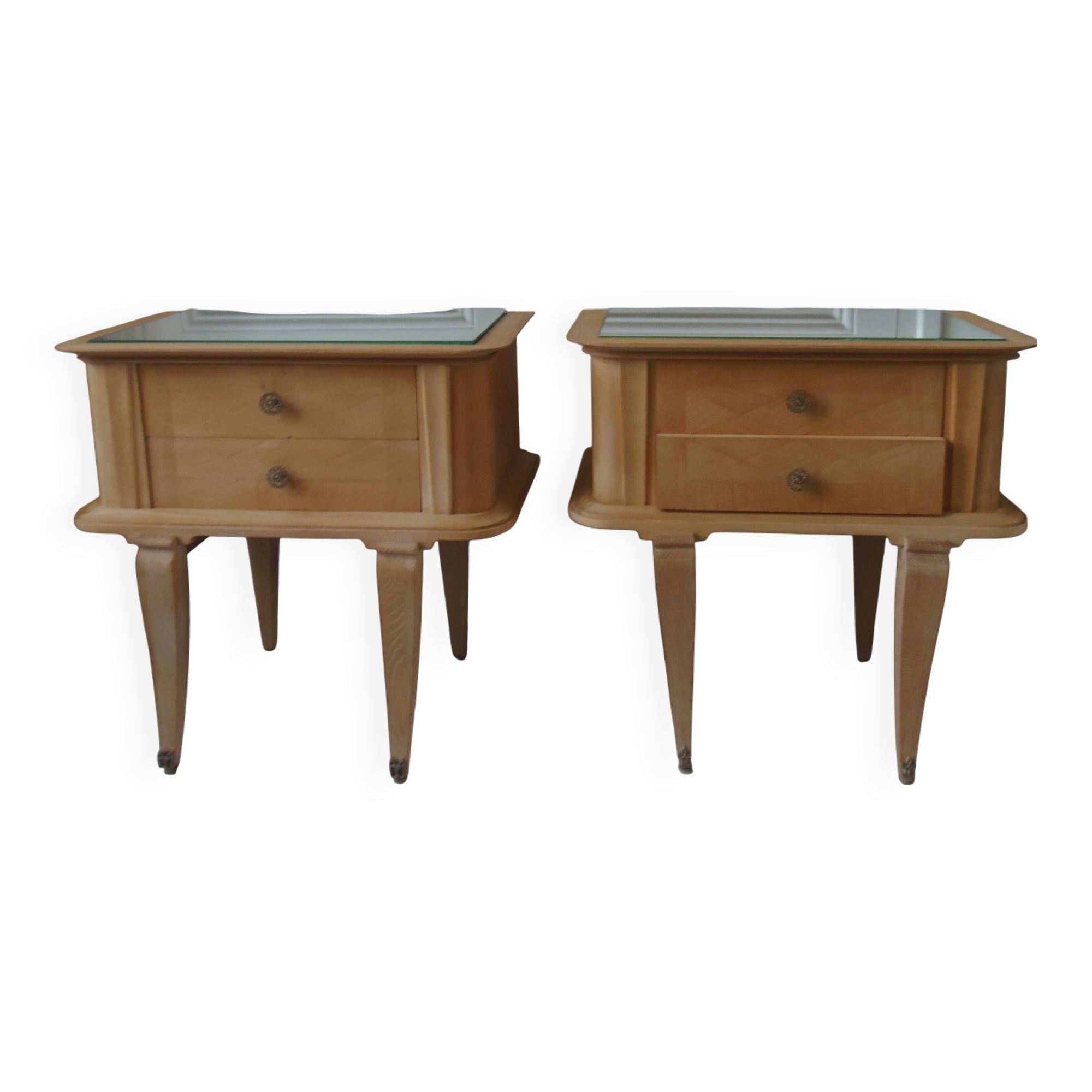 Paire de chevets vintages en bois brut , plateaux miroir.