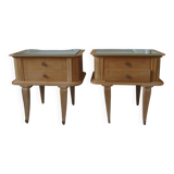 Pair of vintage bedside tables in raw wood, mirrored tops.
