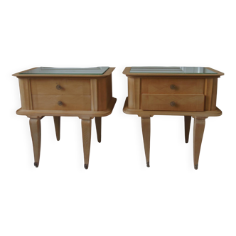 Pair of vintage bedside tables in raw wood, mirrored tops.