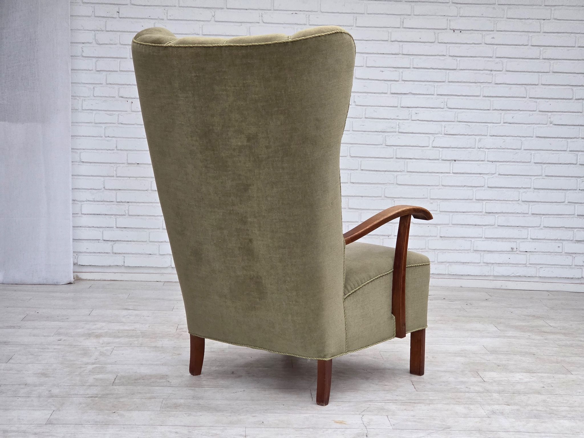 1960s, Danish highback armchair, furniture velour, oak wood.