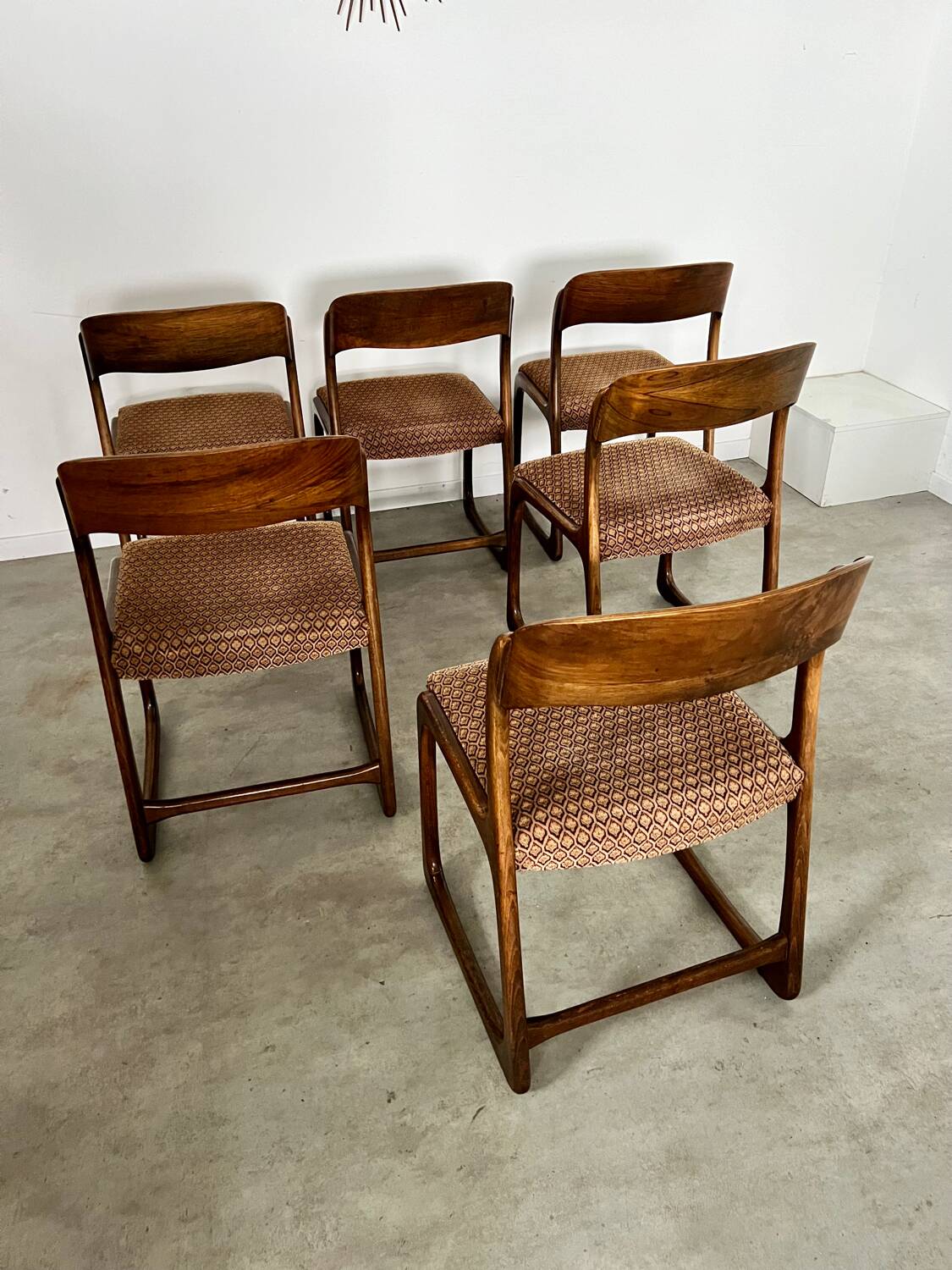Set of 6 old baumann design sled chairs from the 60s wood and fabric
