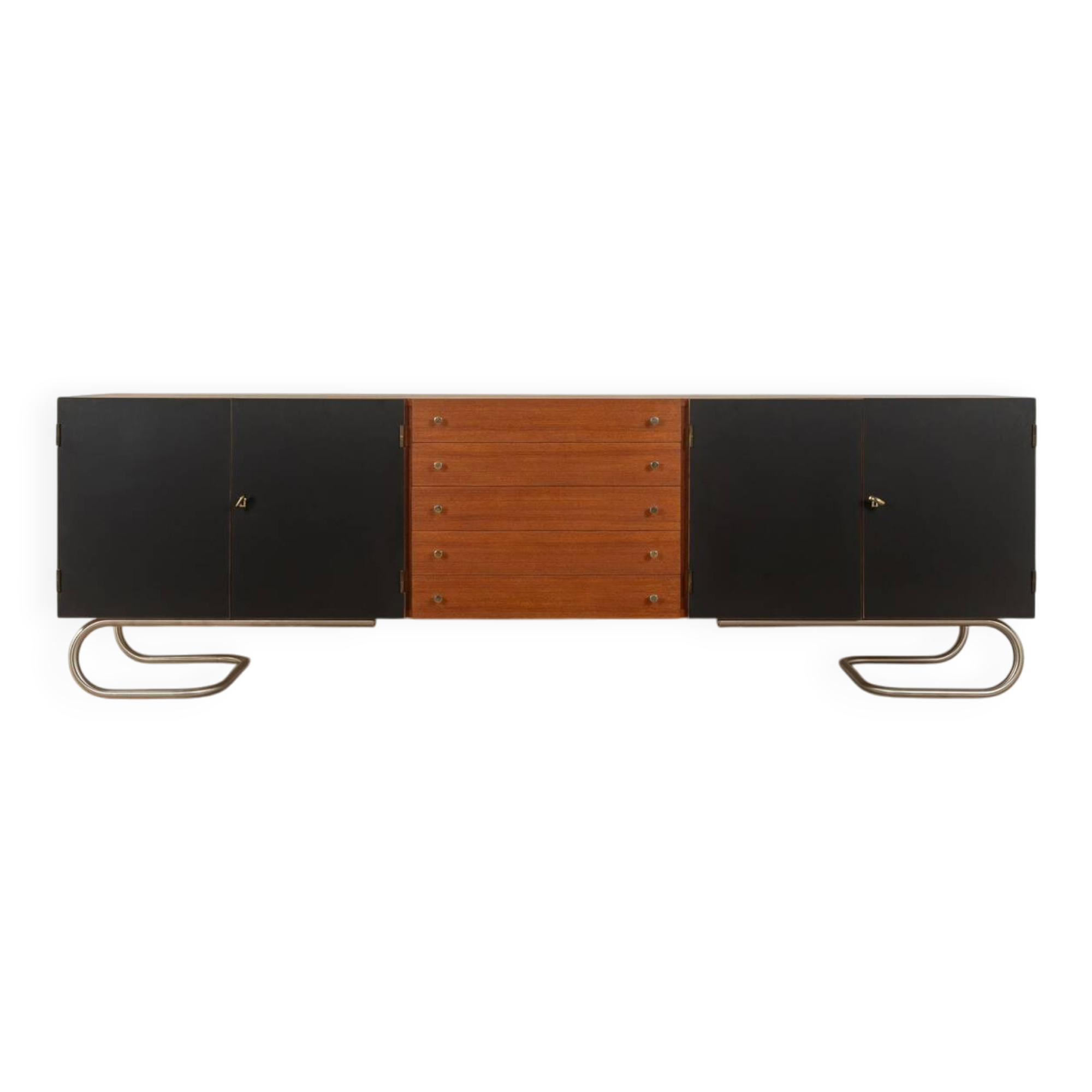 Classic sideboard from the 1960s, teak veneer, black doors, Bauhaus stainless steel feet