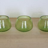 Set of 3 biot bubbled glass candlesticks, green