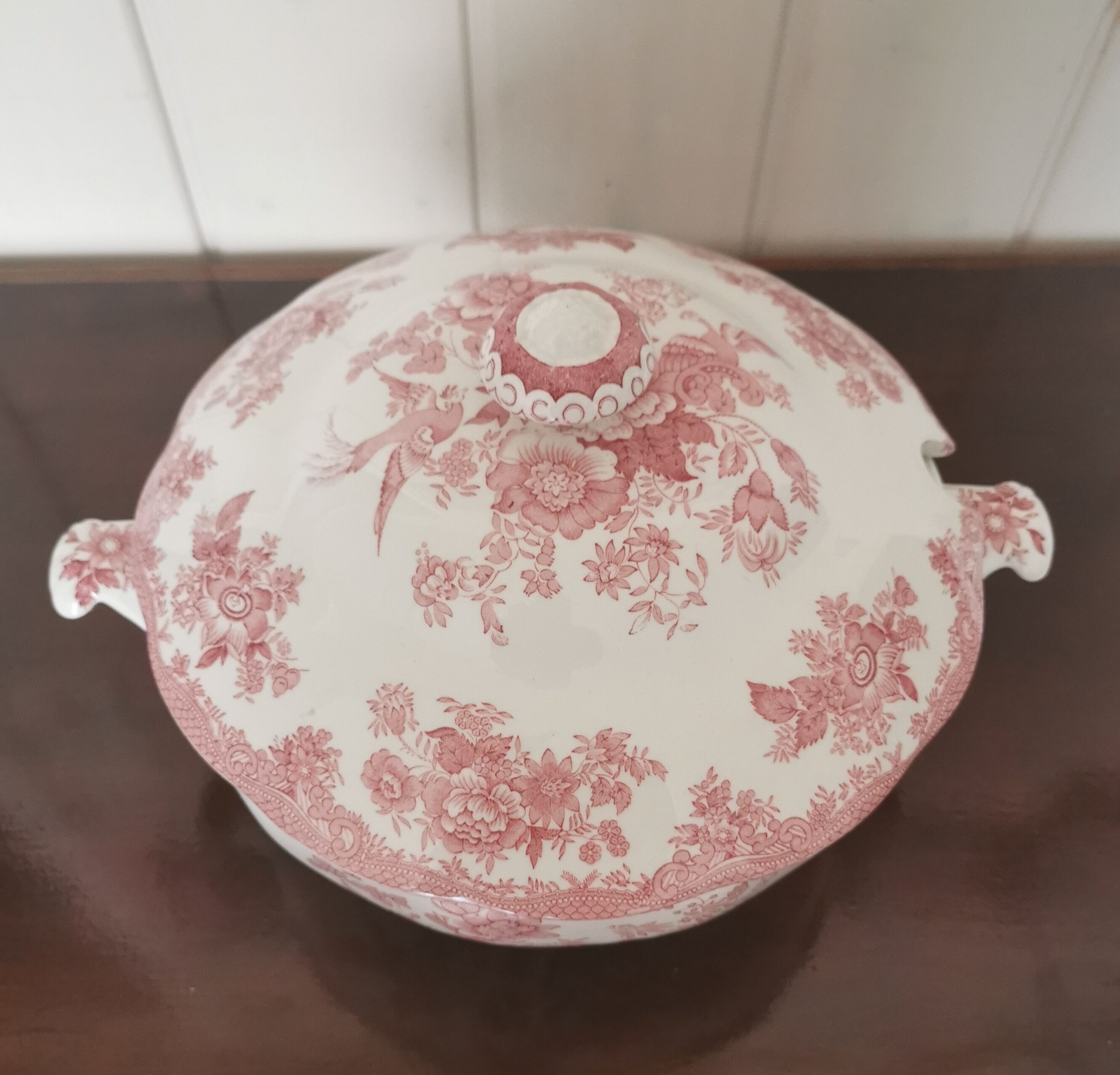 English soup bowl with purple floral motifs
