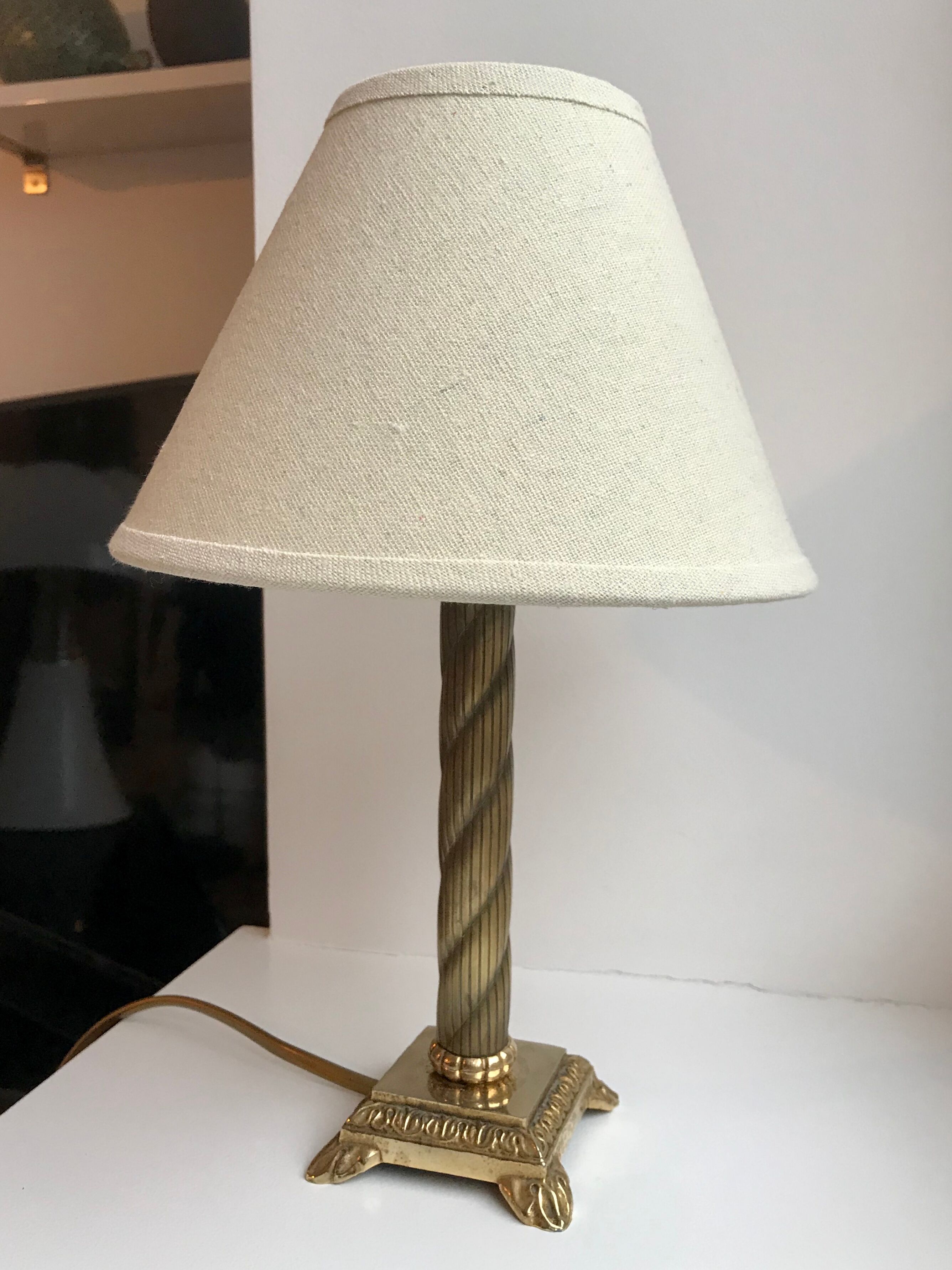 Brass table lamp and linen lampshade 50s