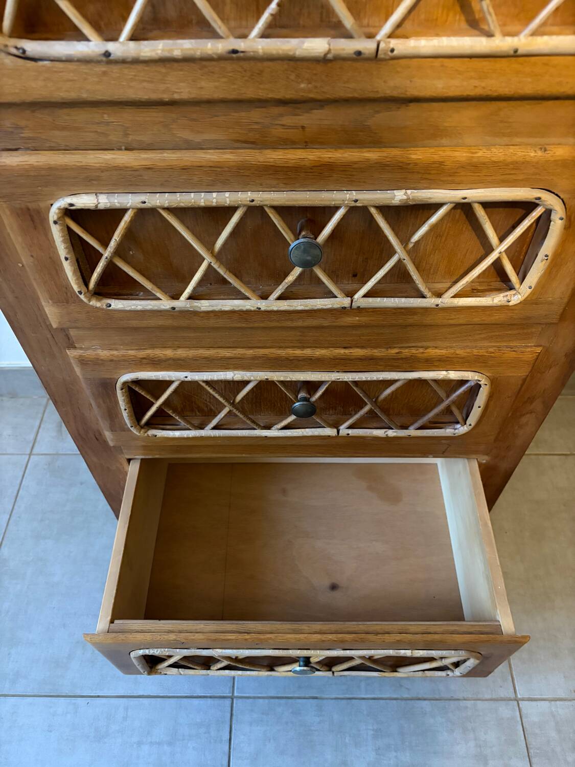Vintage oak and rattan chest of drawers
