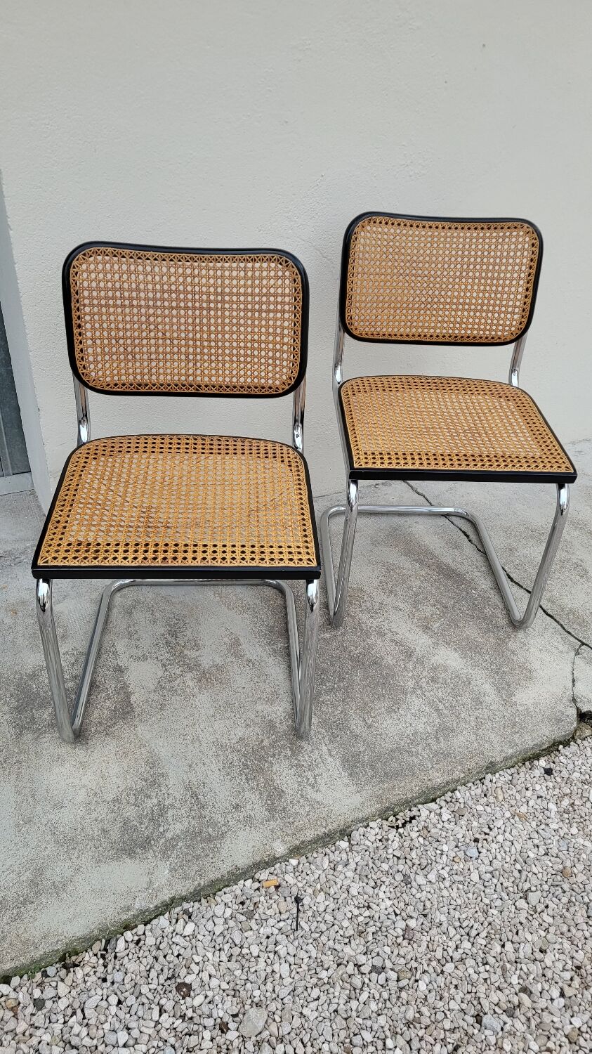 Pair of chairs by Marcel Breuer in black canework model B32 signed Italy
