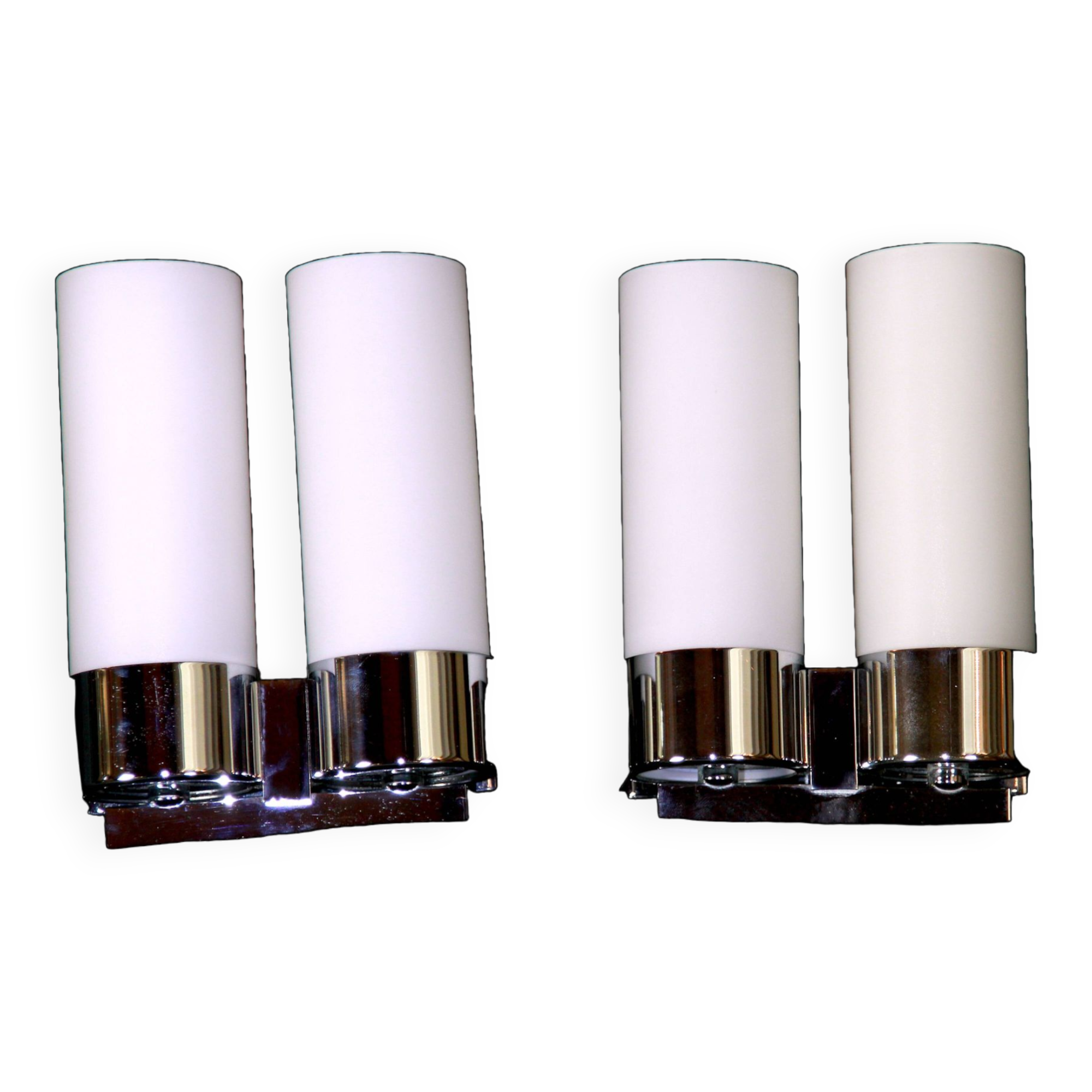 Pair of Modernist wall lights in chrome and double opaline metal, France, Mid-century.