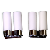 Pair of Modernist wall lights in chrome and double opaline metal, France, Mid-century.