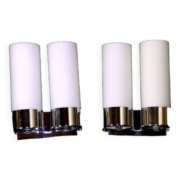 Pair of Modernist wall lights in chrome and double opaline metal, France, Mid-century.