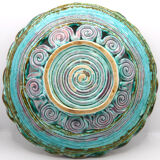 Plat XL vintage en barbotine ajourée aux spirales bleu vert et vieux rose