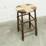 Brutalist stool in wood and straw, 1960s, 59cm