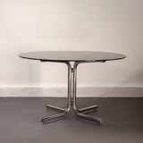 Round dining table in smoked glass and chrome-plated steel, Italy, 1970