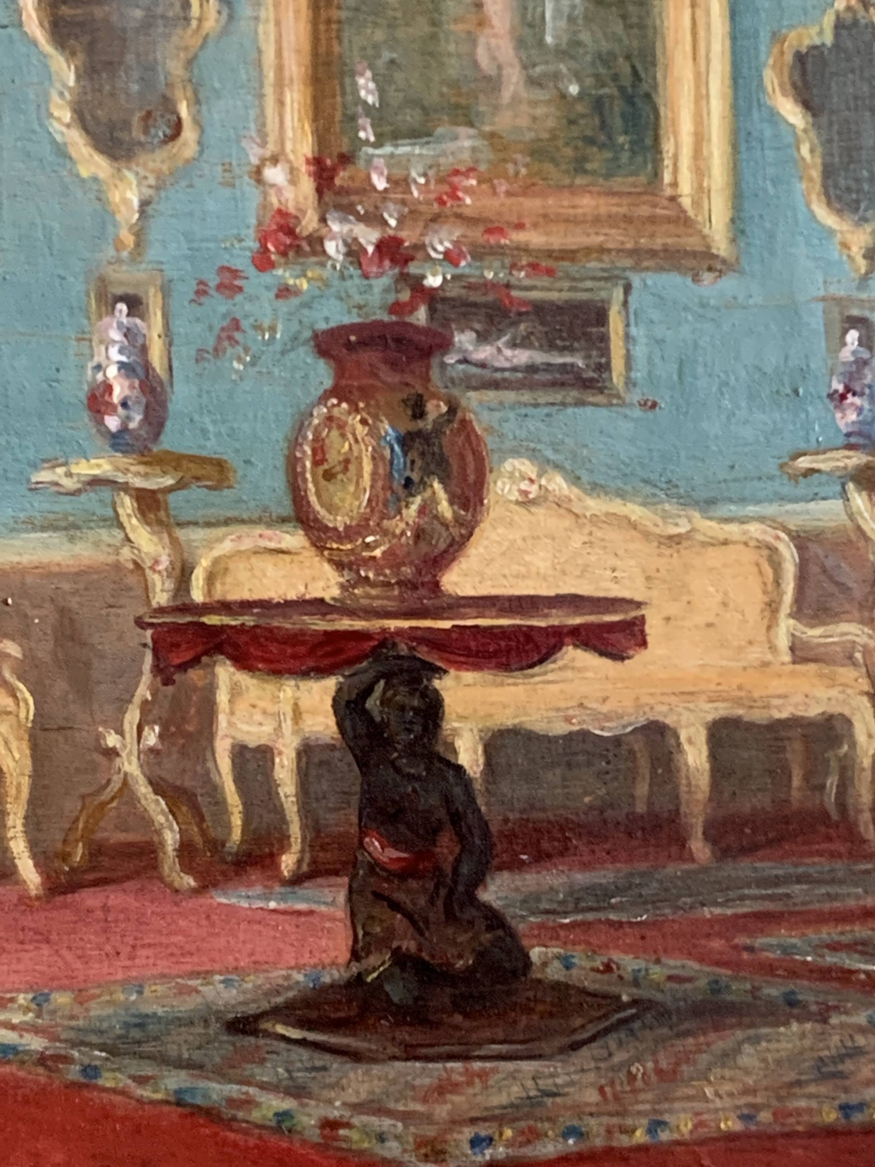 Interior Scene. Oil On Panel 19th Century