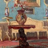 Scène d'Intérieur. Huile Sur Panneau XIXème