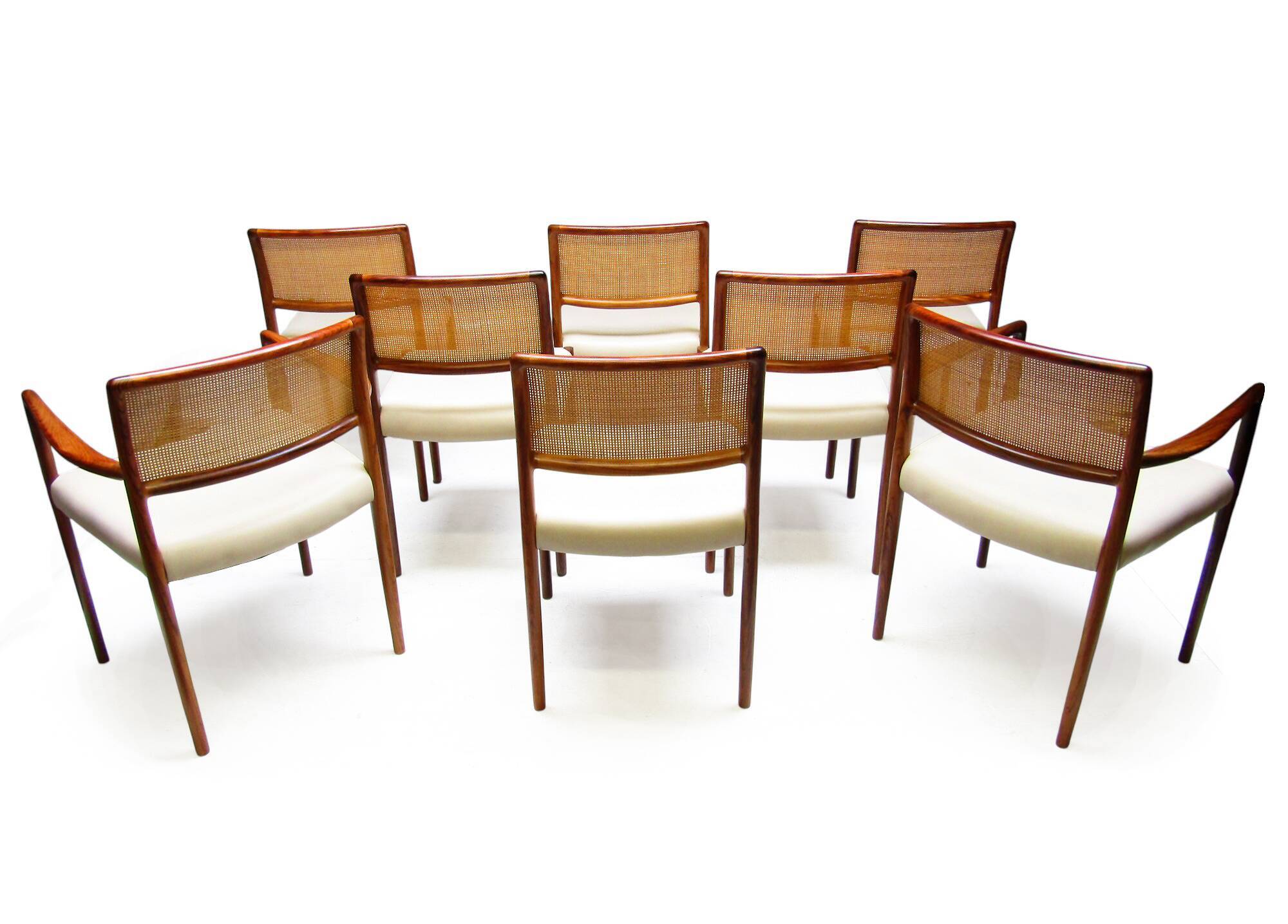 Set of 8 Danish Dining Chairs in Rosewood & Rattan attr. Niels Moller