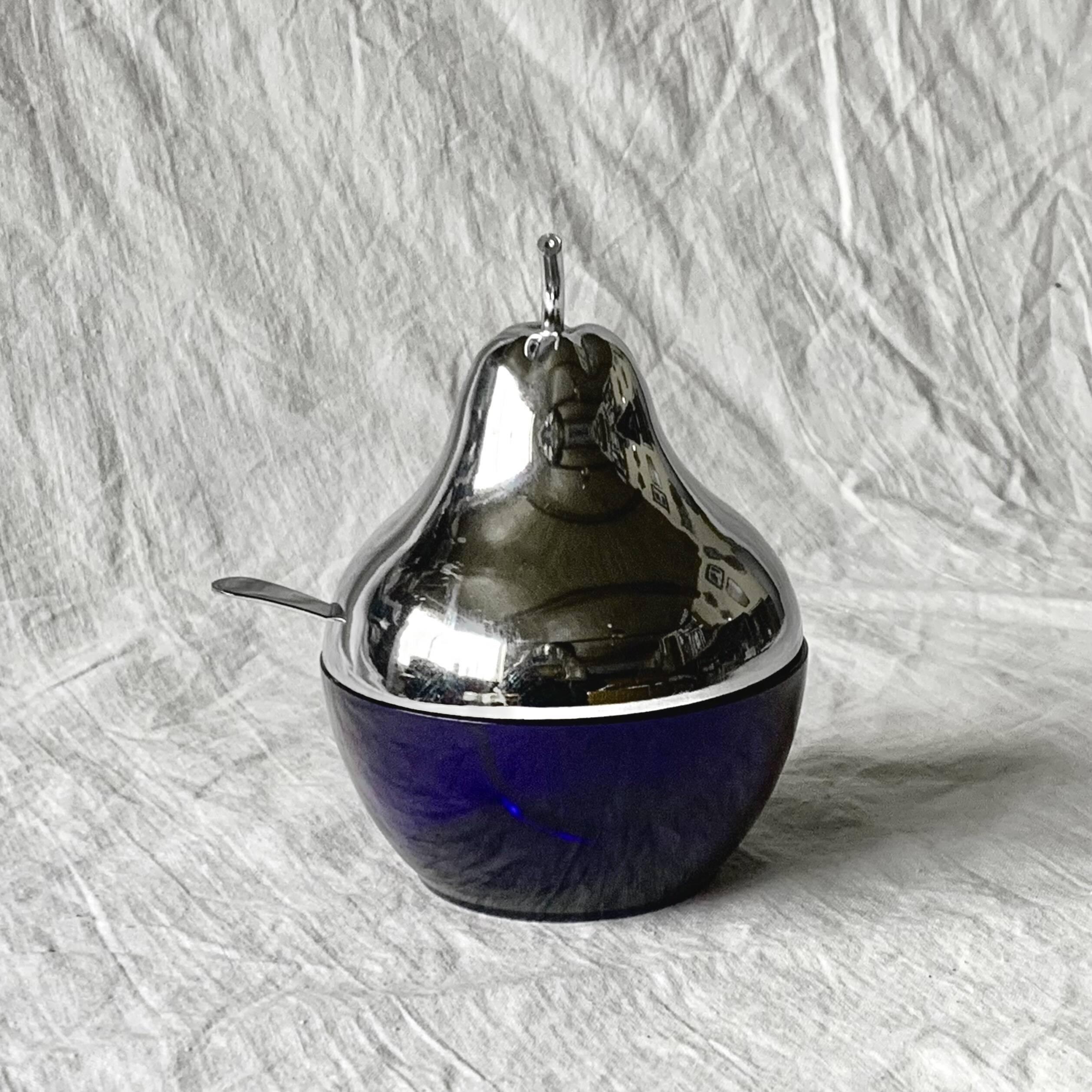 Vintage pear jam and sugar bowl in chromed metal and cobalt blue glass
