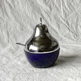 Vintage pear jam and sugar bowl in chromed metal and cobalt blue glass