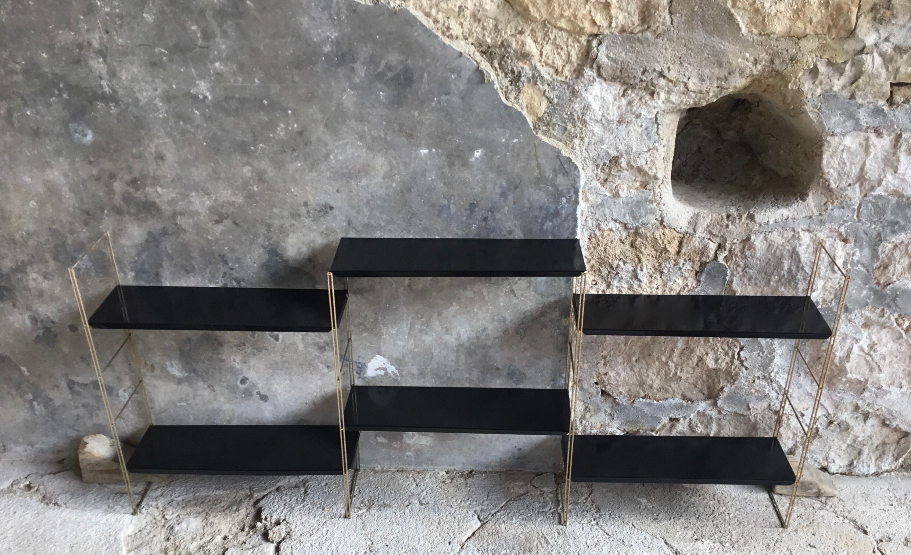Set of modular String shelves - black and gold metal - 1960
