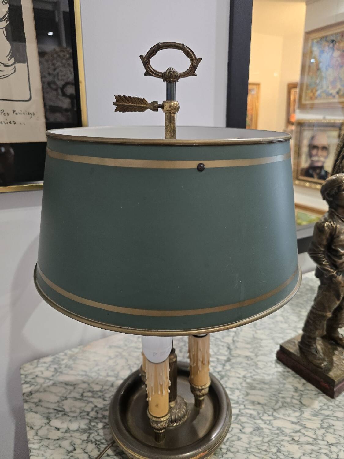 Three-armed brass hot water bottle lamp with empire green shade