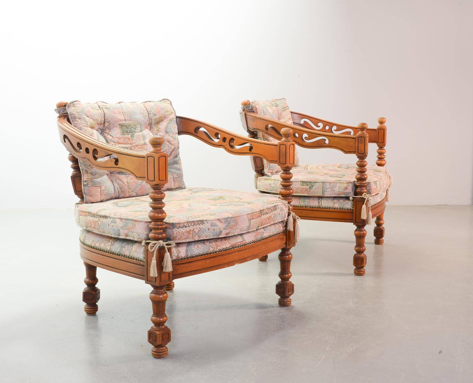 Giorgetti Gallery Collection Wooden Lounge Chairs w. Gobelin Upholstery 70s