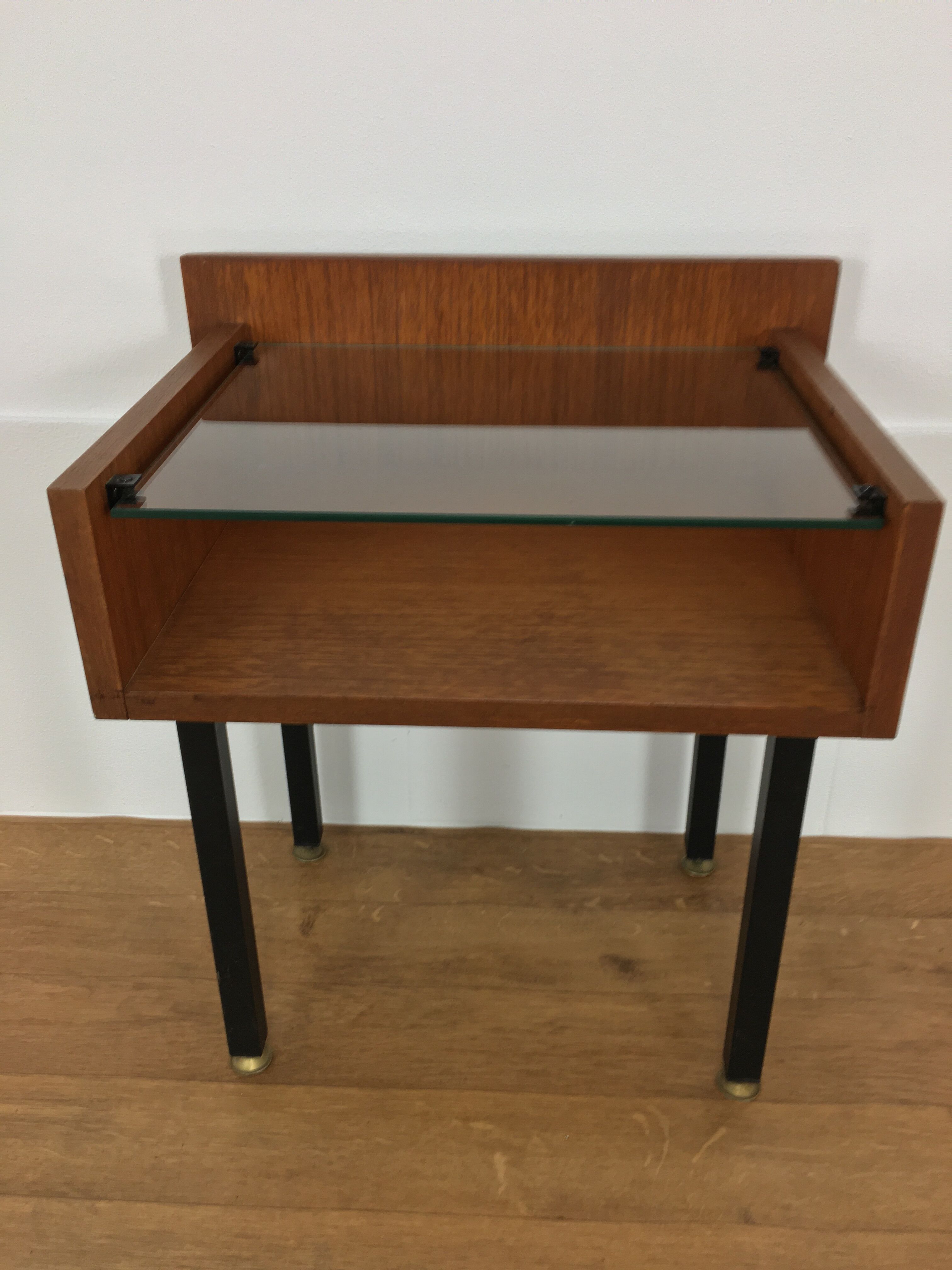 Modernist bedside table wood and glass 1950