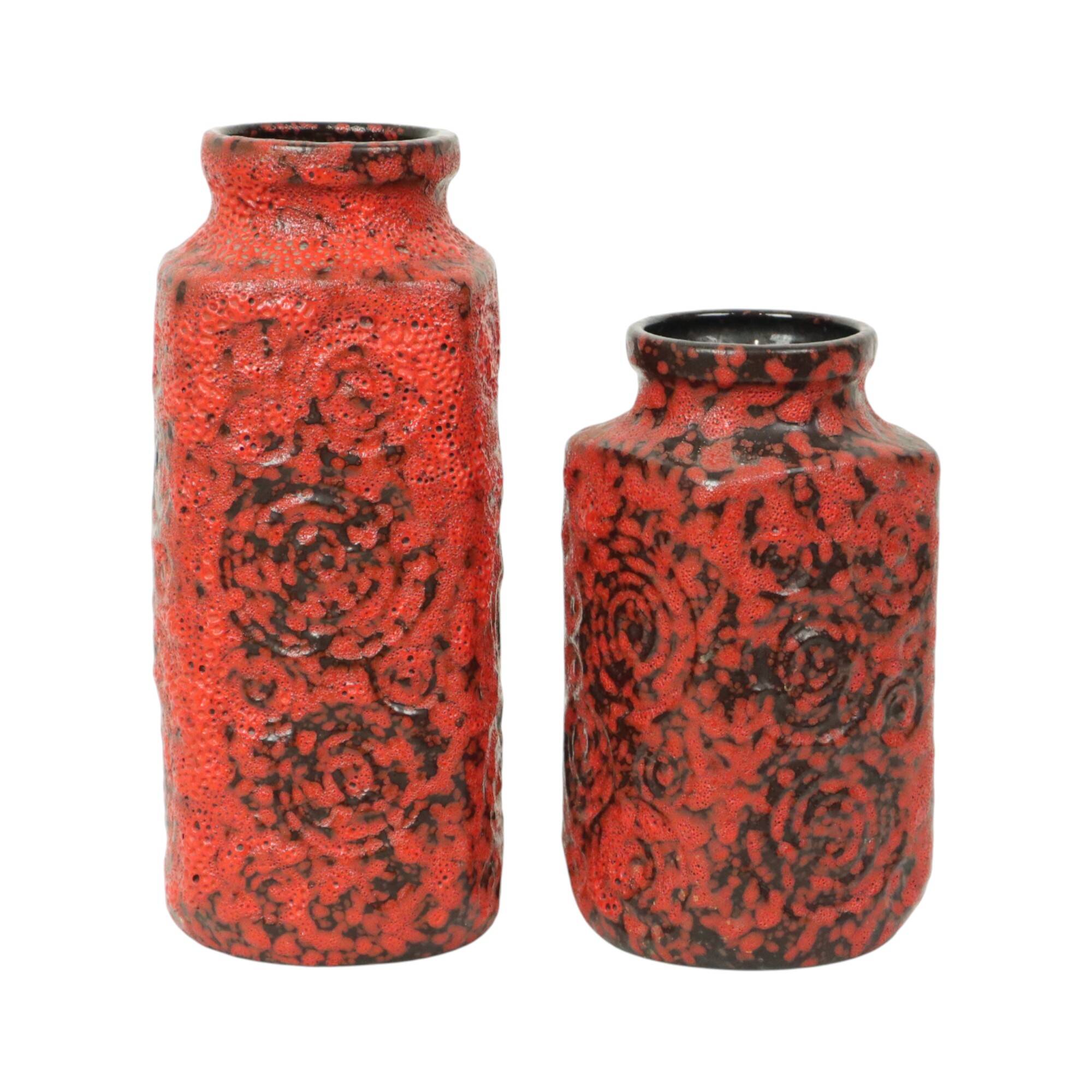 Set of 2 Red Fat Lava Vases Scheurich Jura West Germany