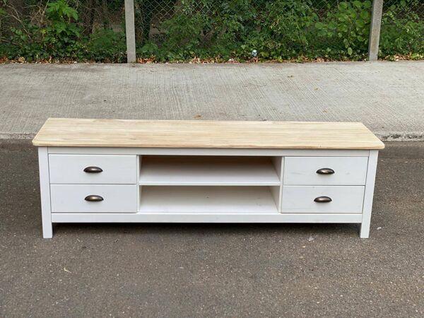Meuble TV scandinave campagne chic en bois massif blanc et naturel 160cm