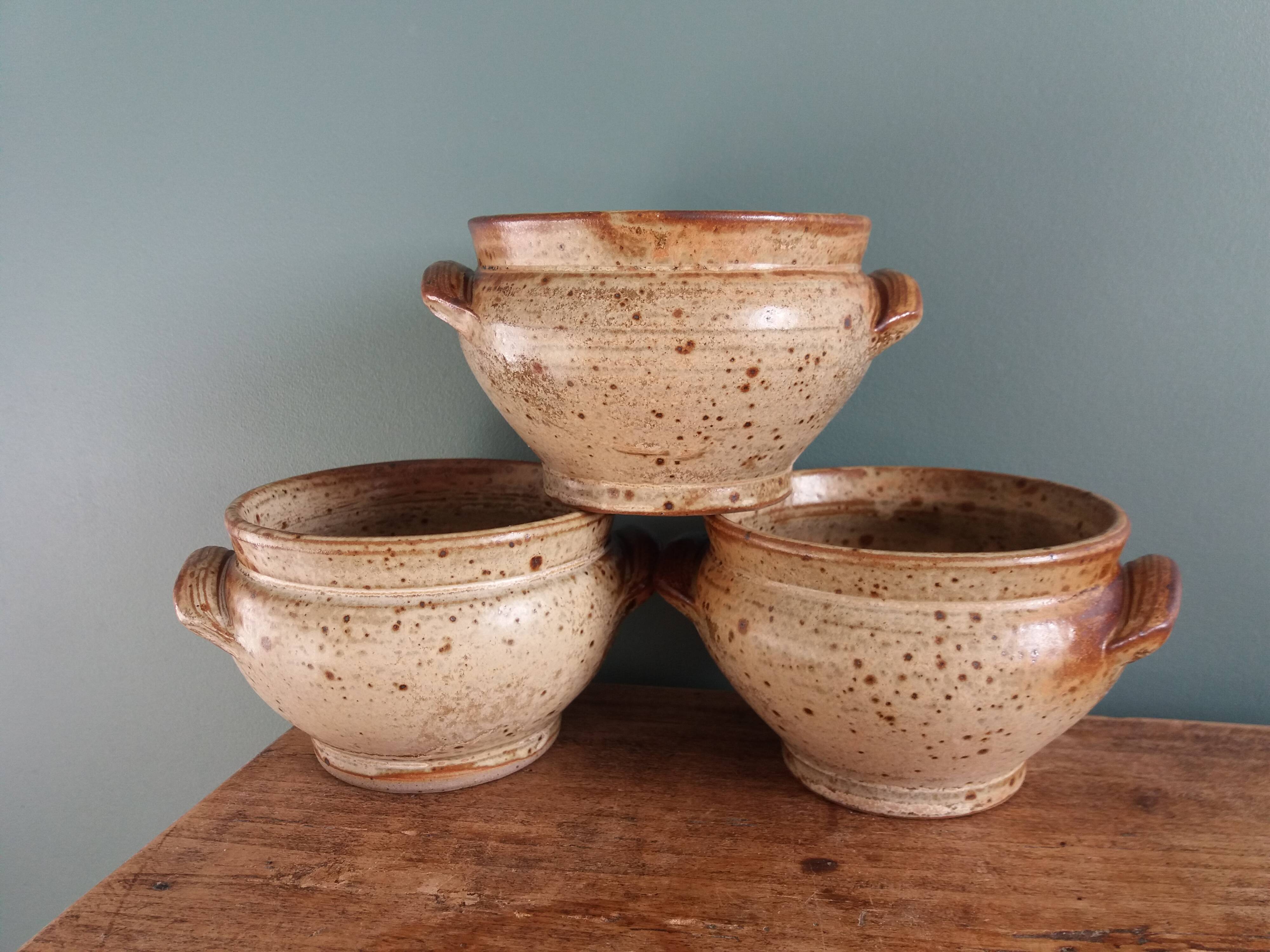 Soup bowls and cups in Puisaye stoneware by Jean-Pierre Prud'homme