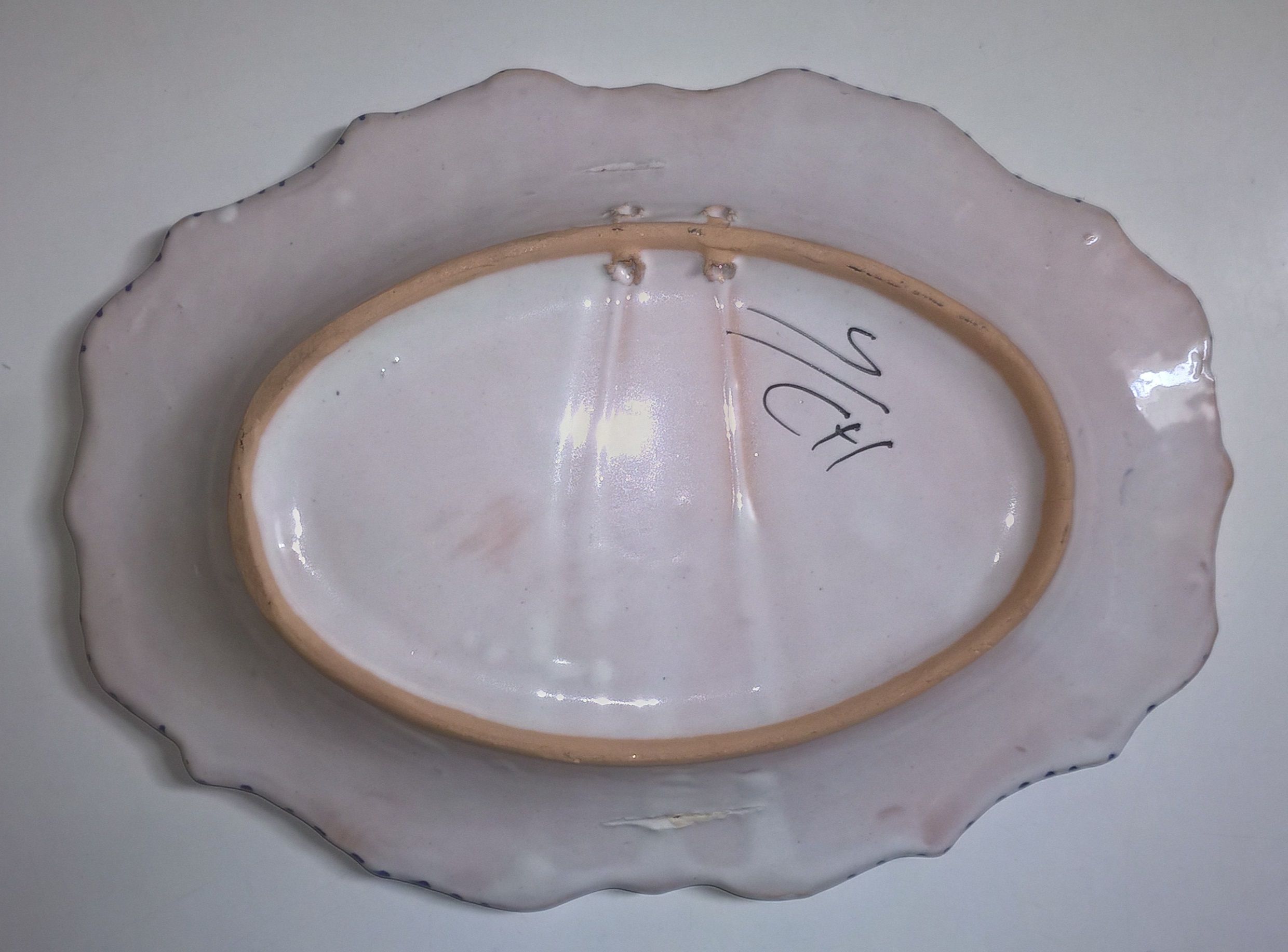 Old oval wall plate handmade and signed vintage floral decor