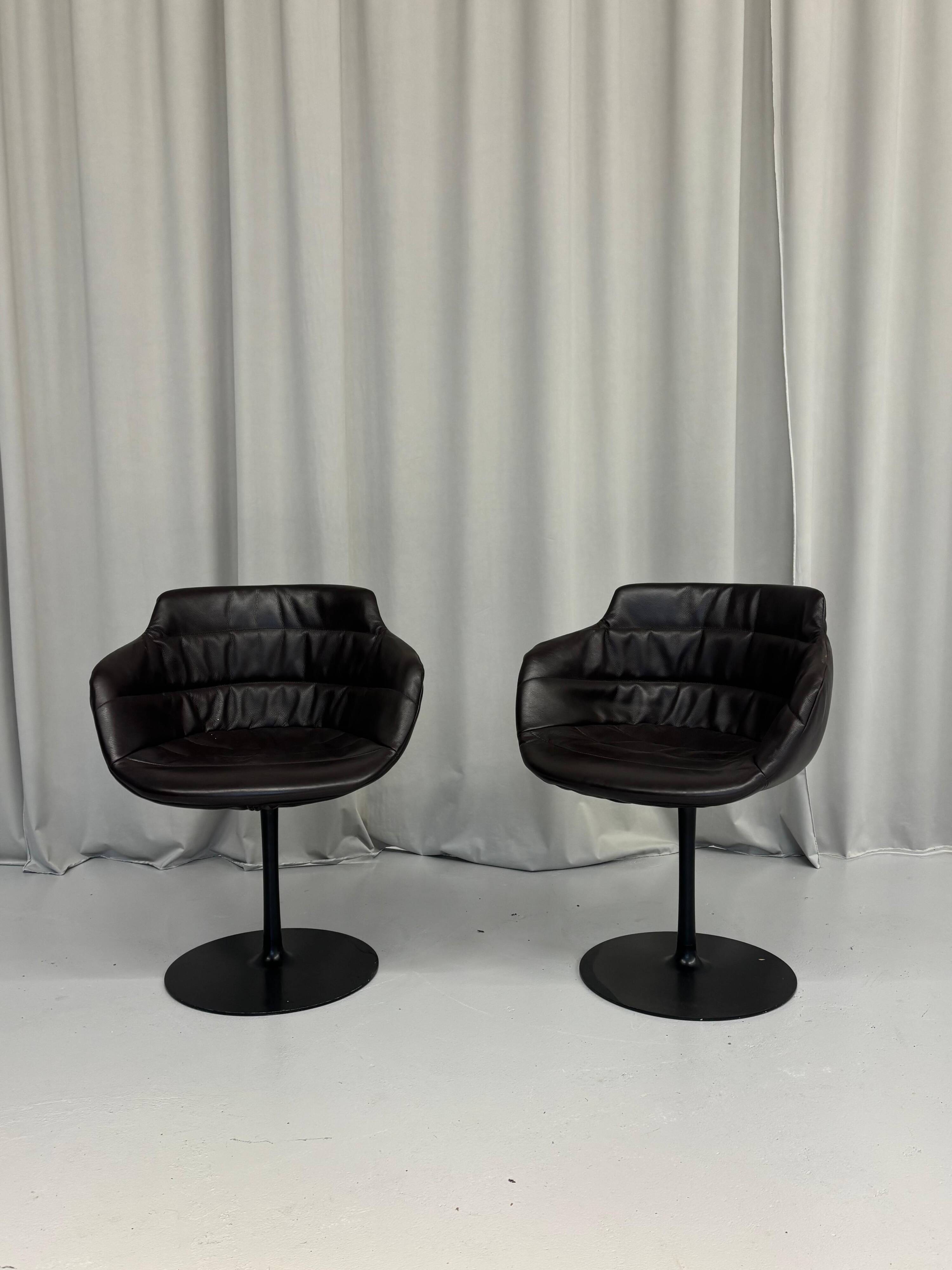 Vintage Brown Leather Swivel Cocktail Chairs, Italy 1980’s Set Of 2