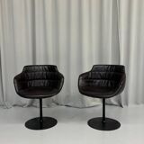 Vintage Brown Leather Swivel Cocktail Chairs, Italy 1980’s Set Of 2