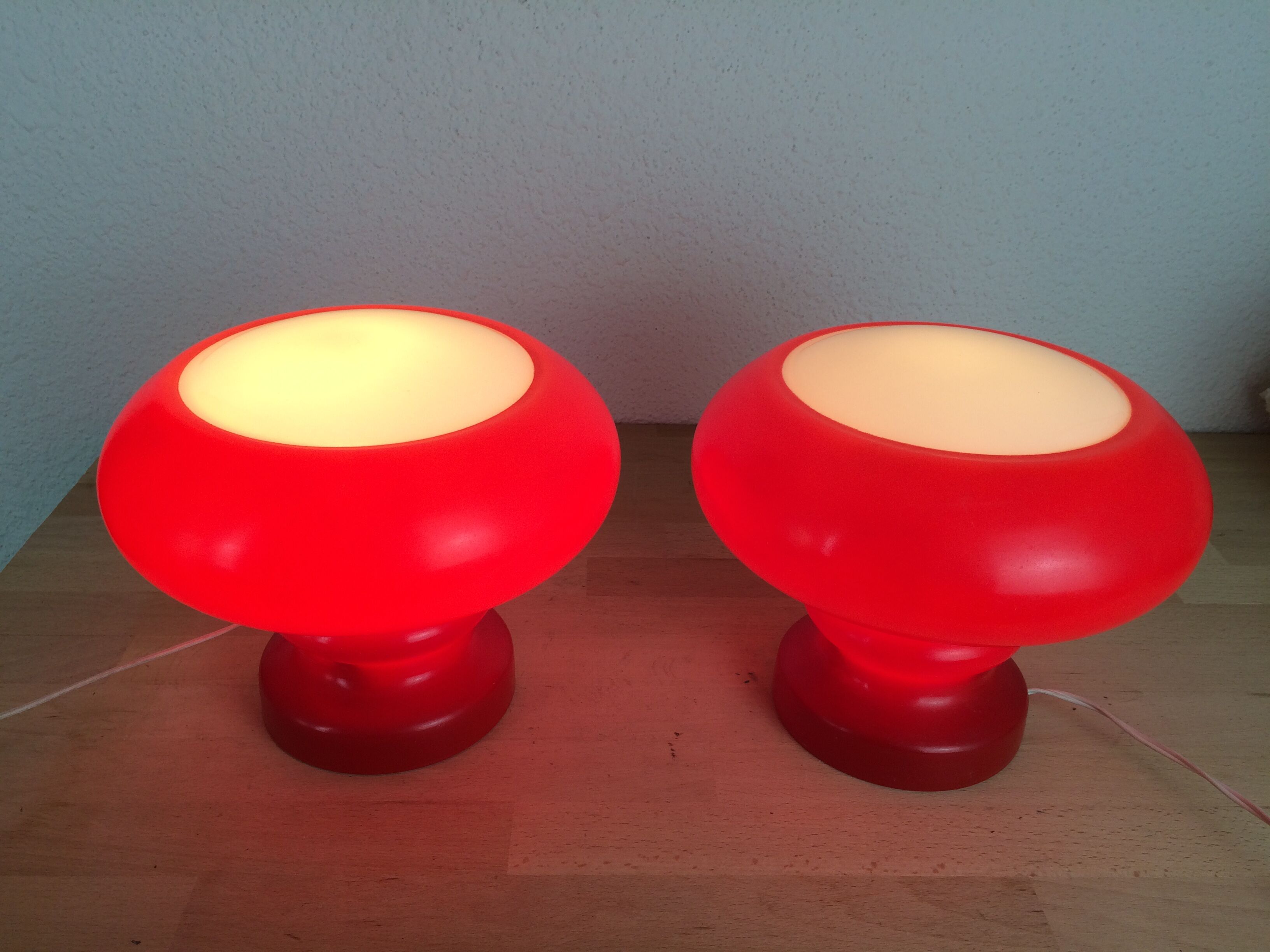 Pair of mushroom lamps red glass space age, 70s