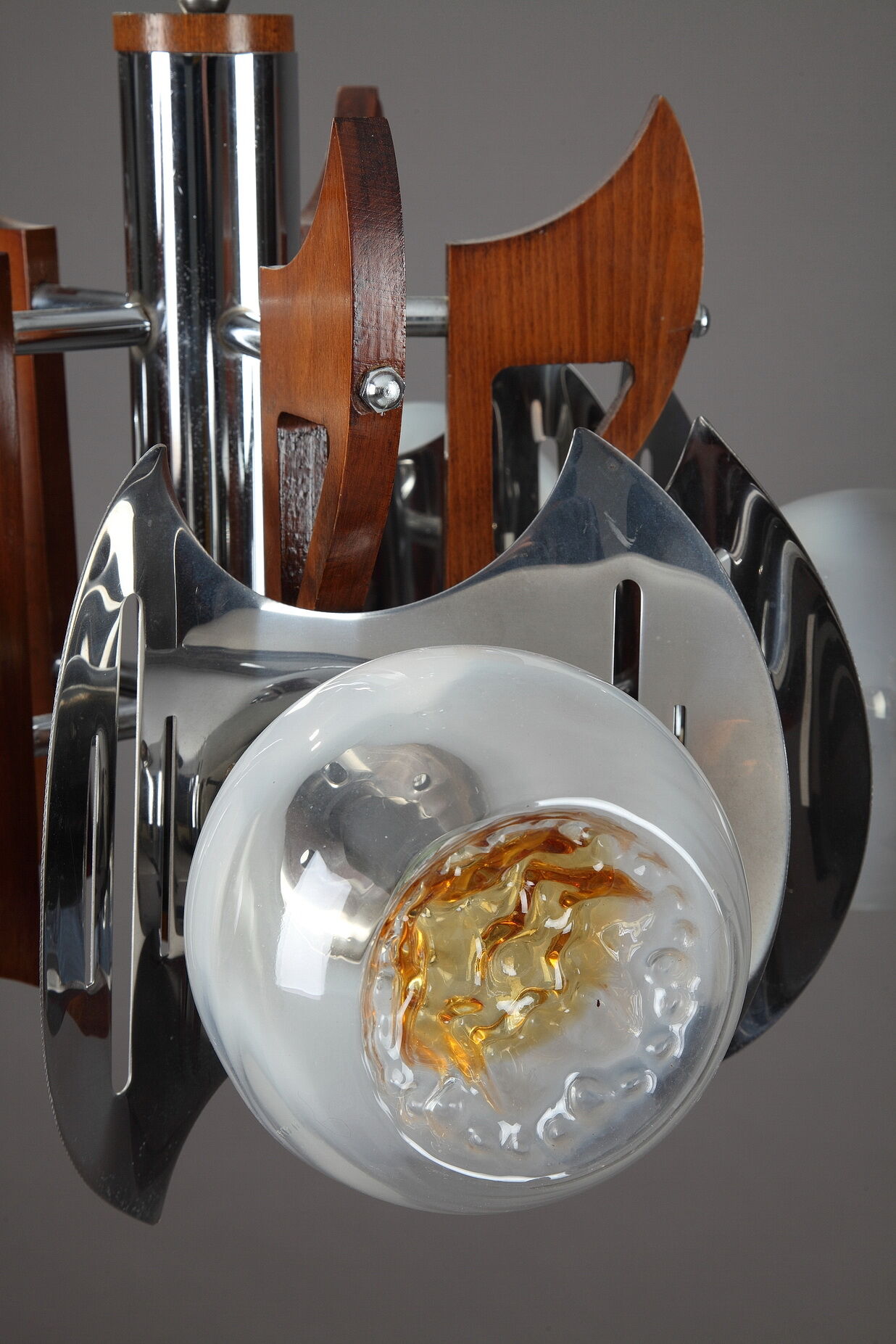 Mazzega chandelier in murano glass, chrome and wood, 1970's