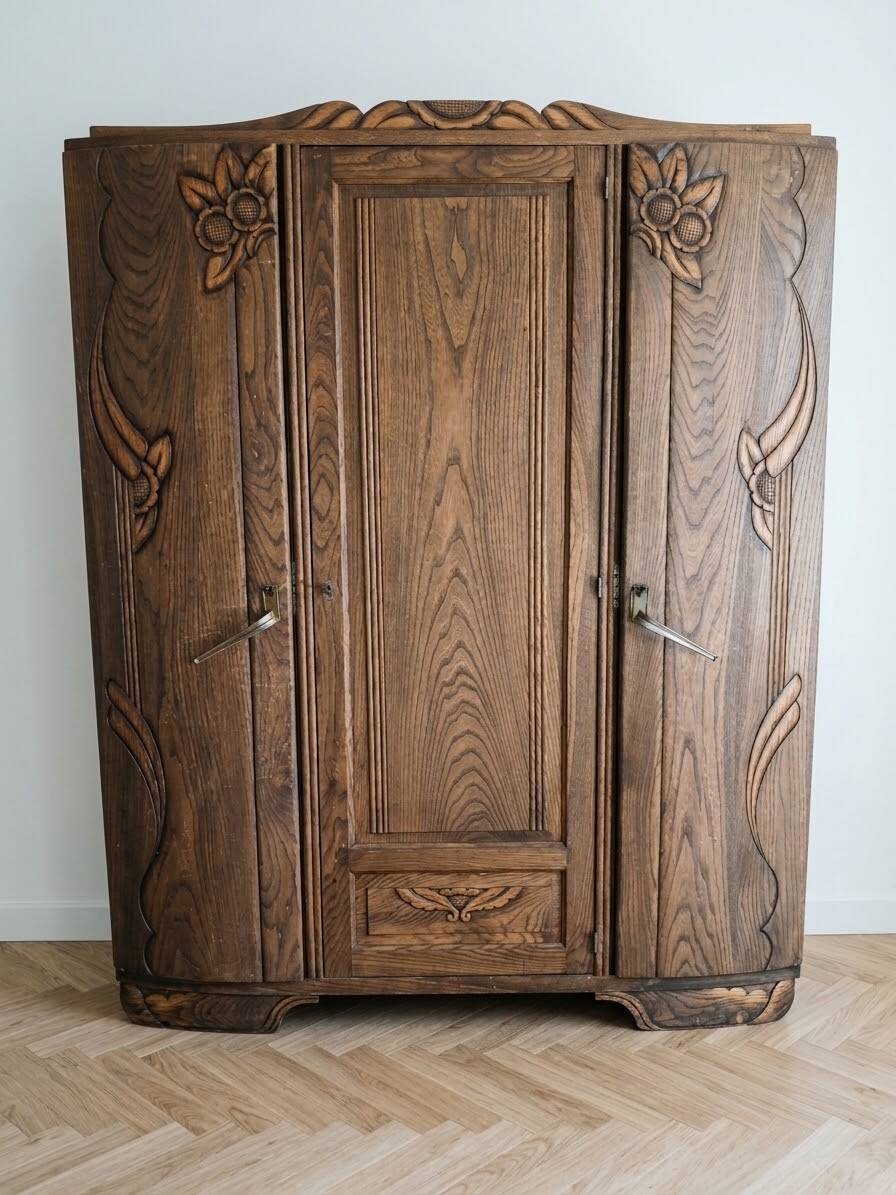 Large Art Deco wardrobe in carved solid oak