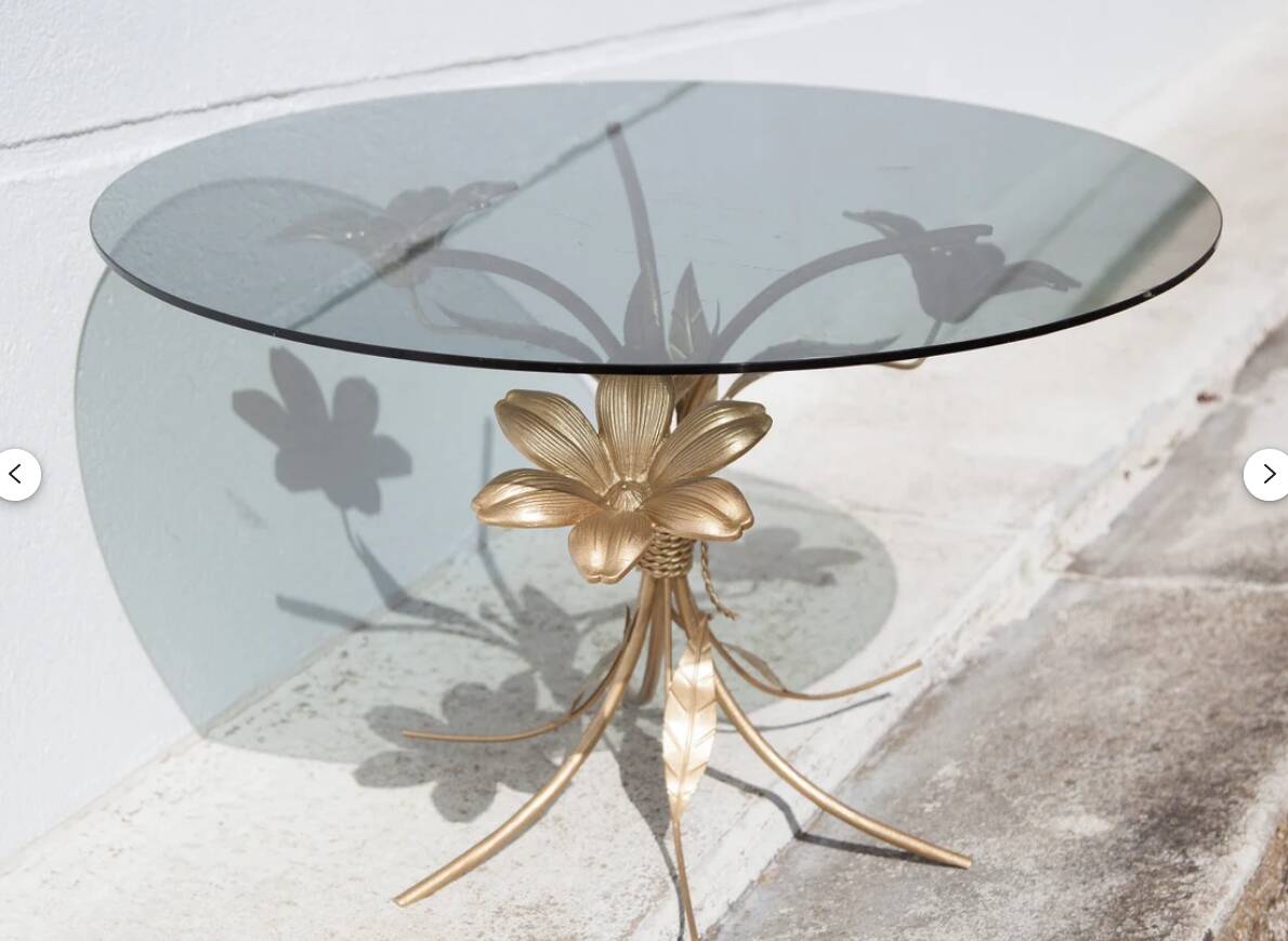 Vintage coffee table, brass and smoked glass table, Hans Kogl style flower table, lotus flower table