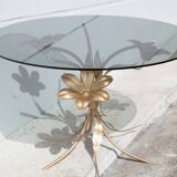 Table basse vintage, table laiton et verre fumé, table fleur Hans Kogl style, table fleur de lotus