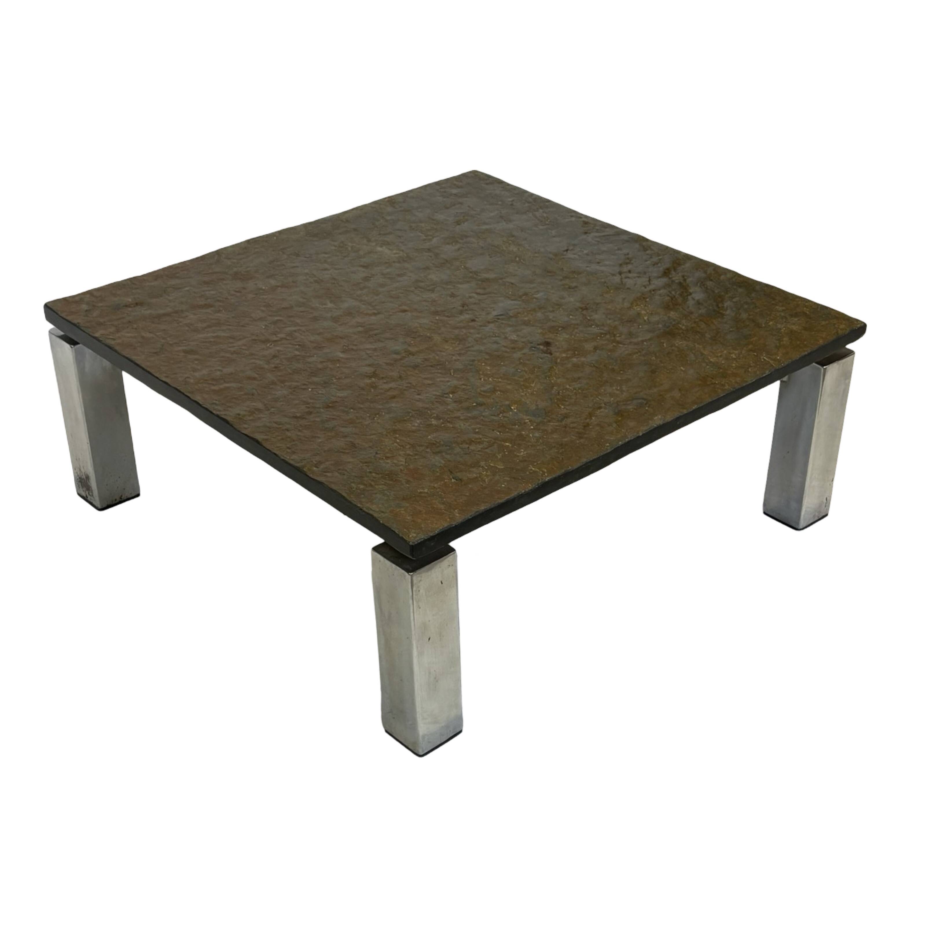 Table basse carrée plateau en pierre et piètement en acier chromé - années 60
