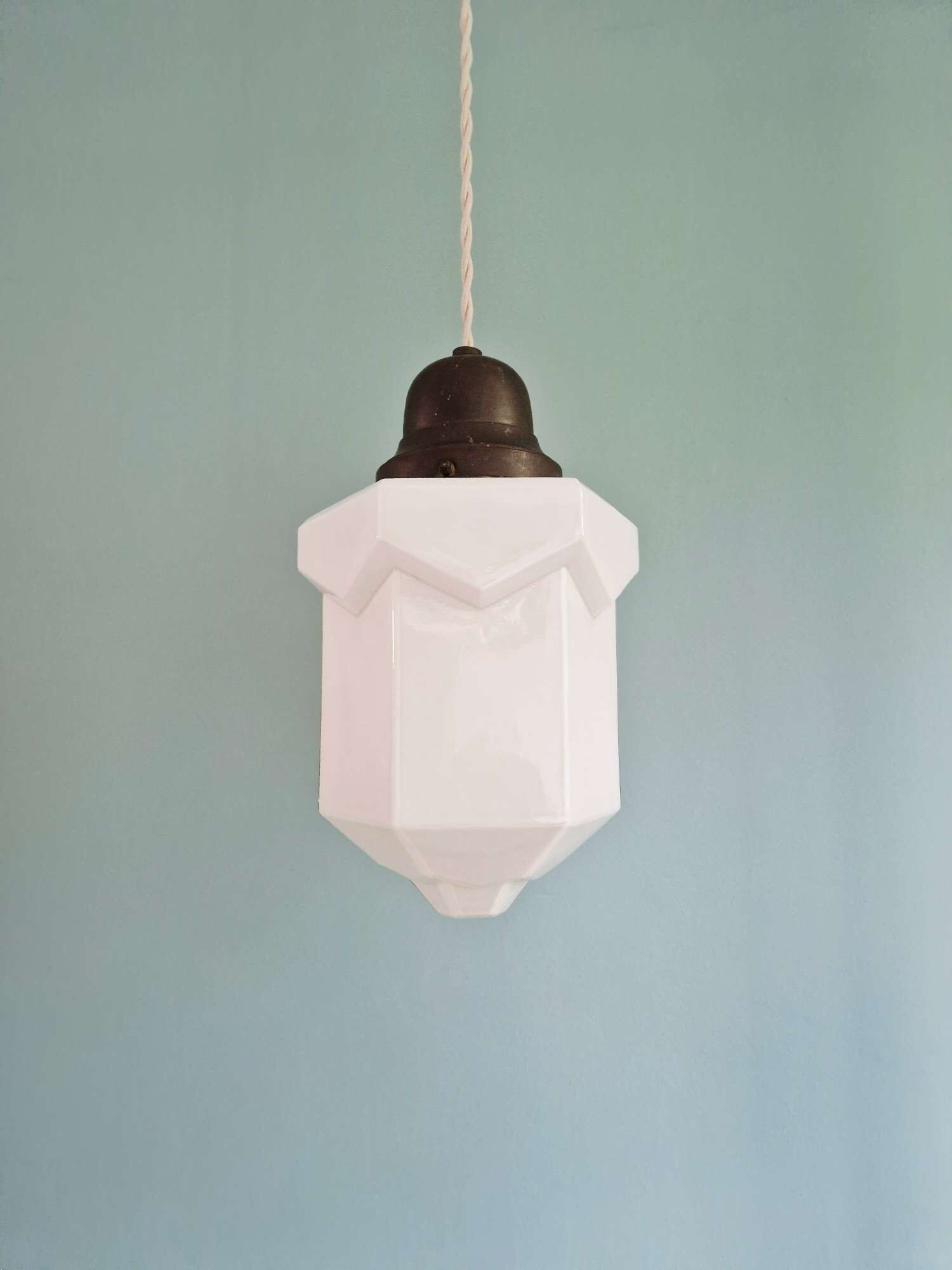 Art Deco skyscraper pendant lamp in white opaline, 1920-30