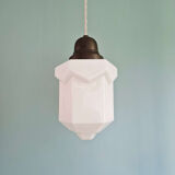 Art Deco skyscraper pendant lamp in white opaline, 1920-30