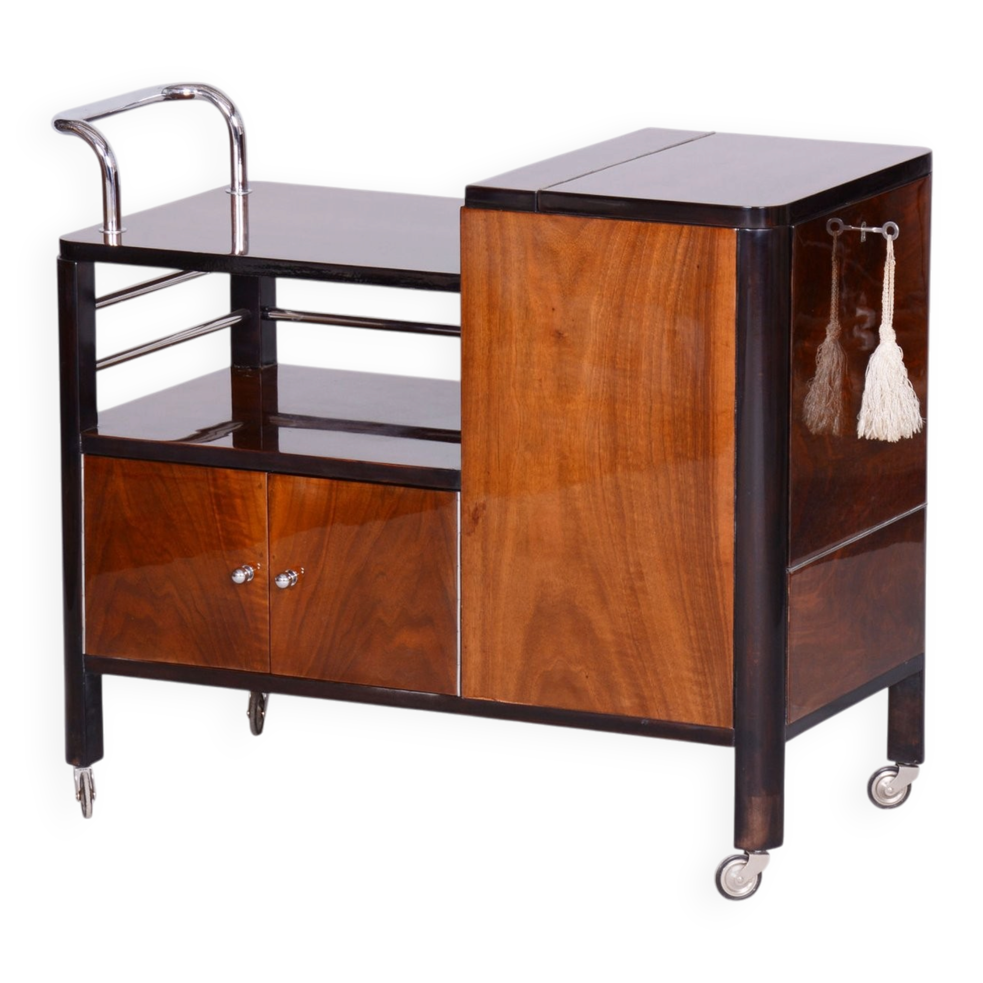 Czech Art Deco Trolley Walnut and Chrome-Plated Steel from Thonet, 1930s
