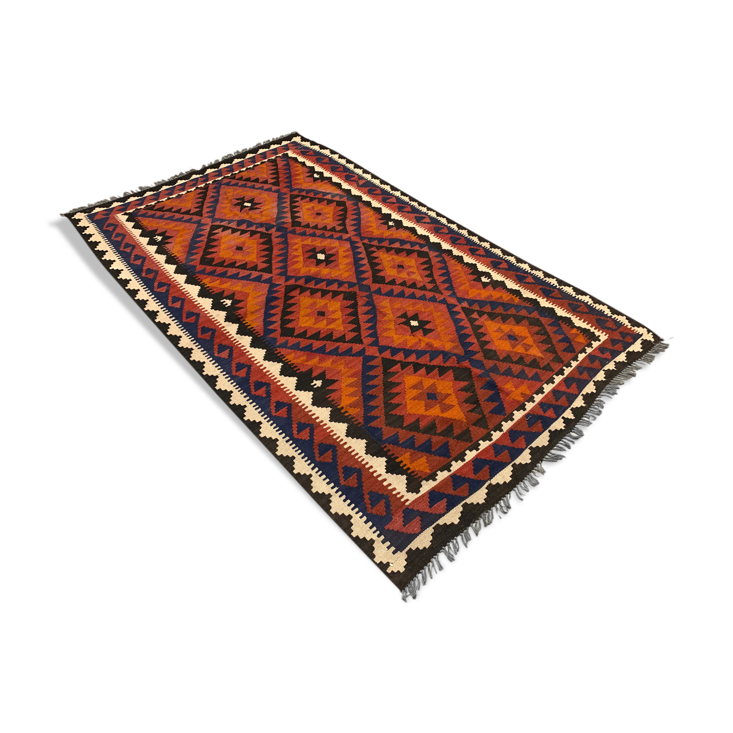 Vintage Afghan Tribal Kilim Wool Rug 252x154 cm Red, Orange, Brown, Black Large