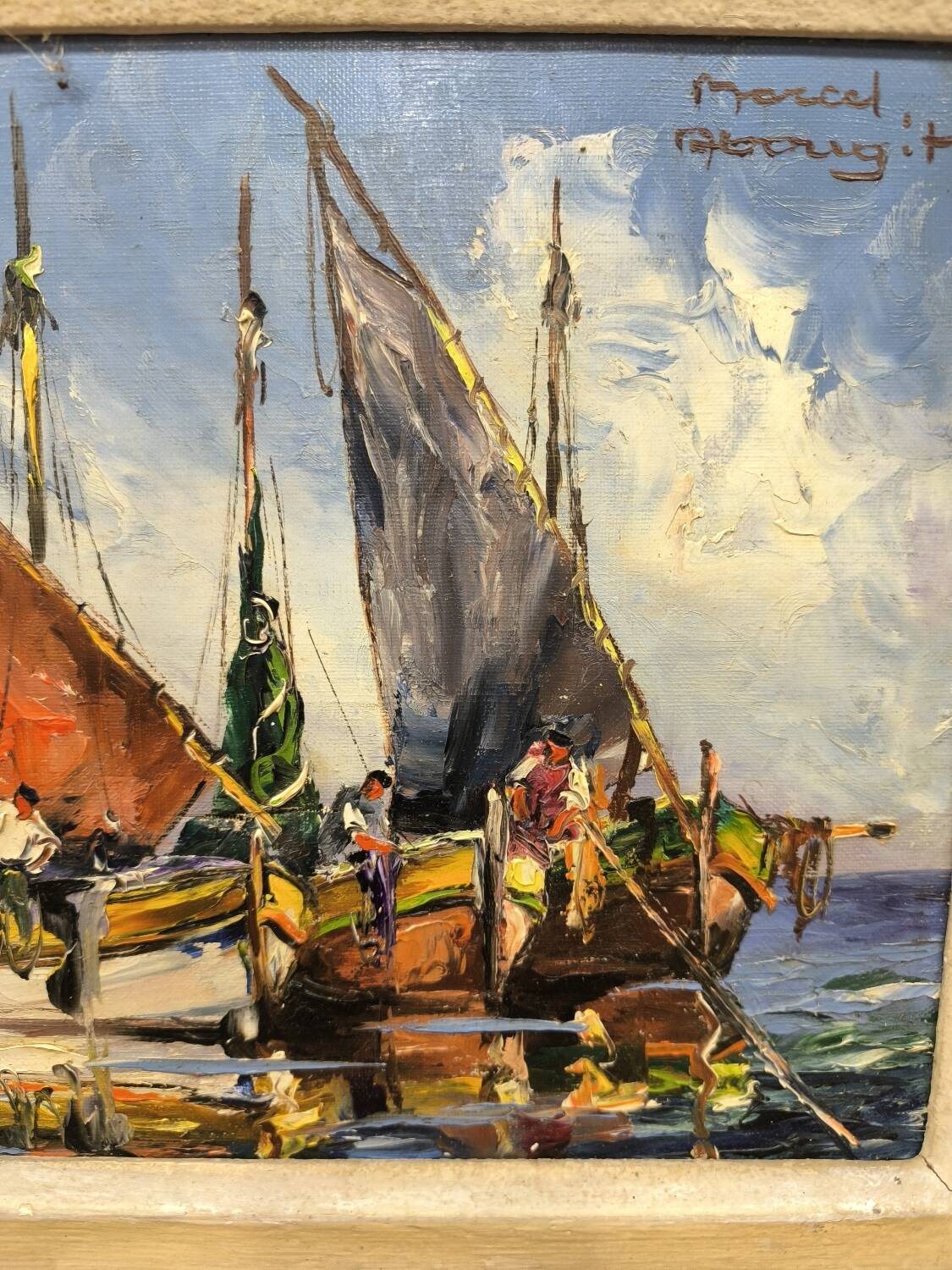 Huile sur toile marine Marcel Abougit Barques de pêcheurs Côte d'Azur