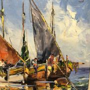 Oil on canvas, marine scene, Marcel Abougit, Fishing boats, French Riviera