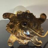 Antique lamp, gilded bronze, cherub, engraved glass globe, Mathieu lighting.