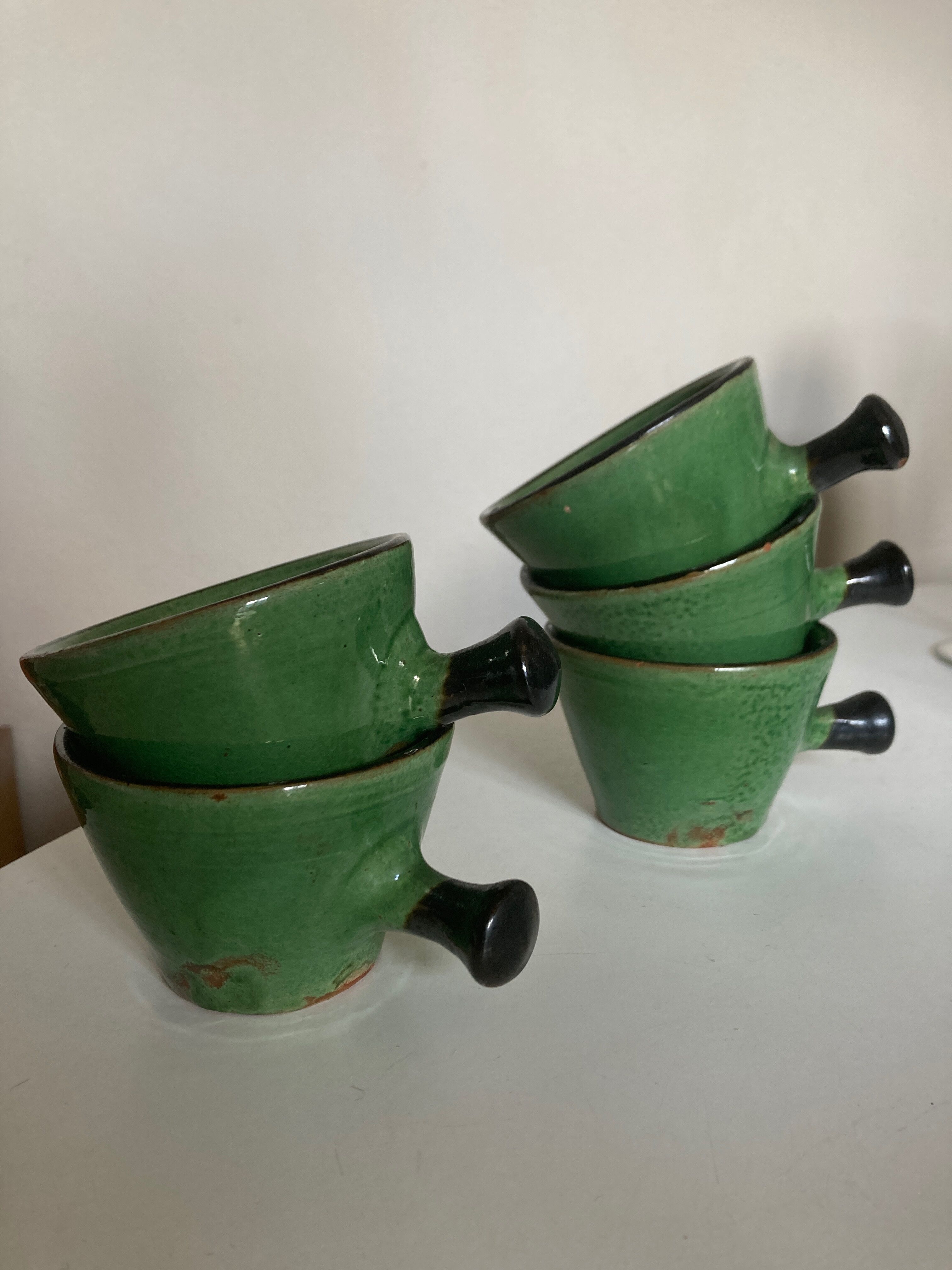 Set of 5 cups in green glazed clay Dieulefit 1960