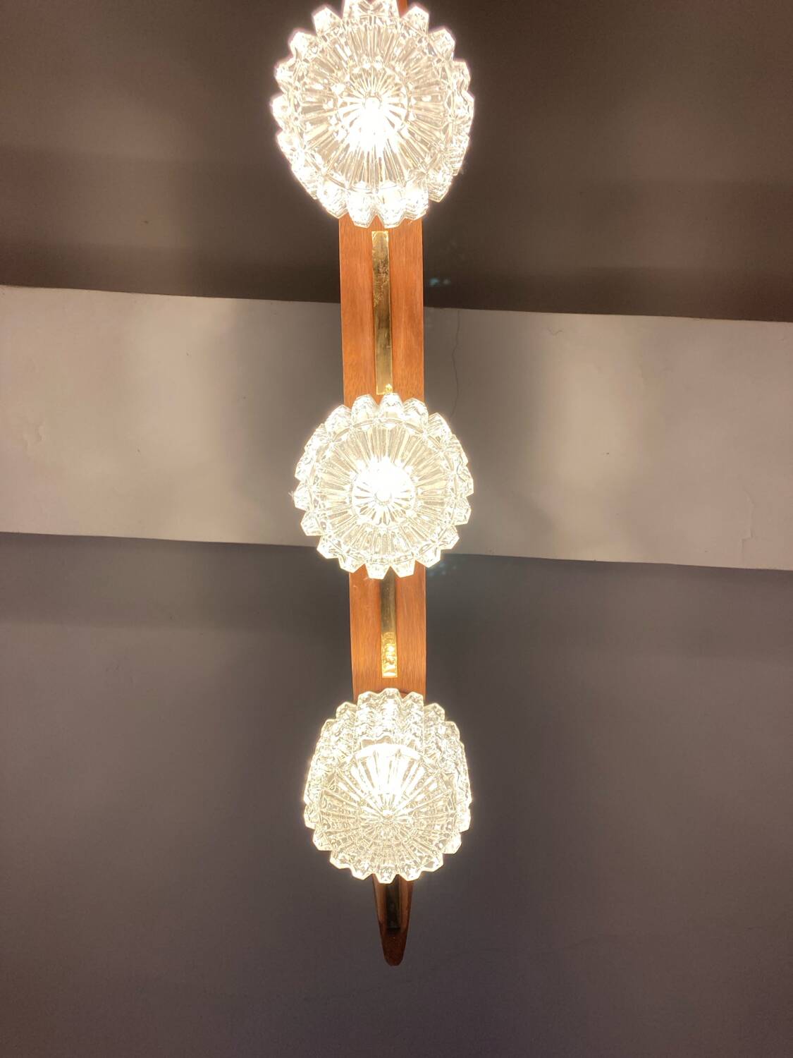Vintage teak, brass and glass chandelier