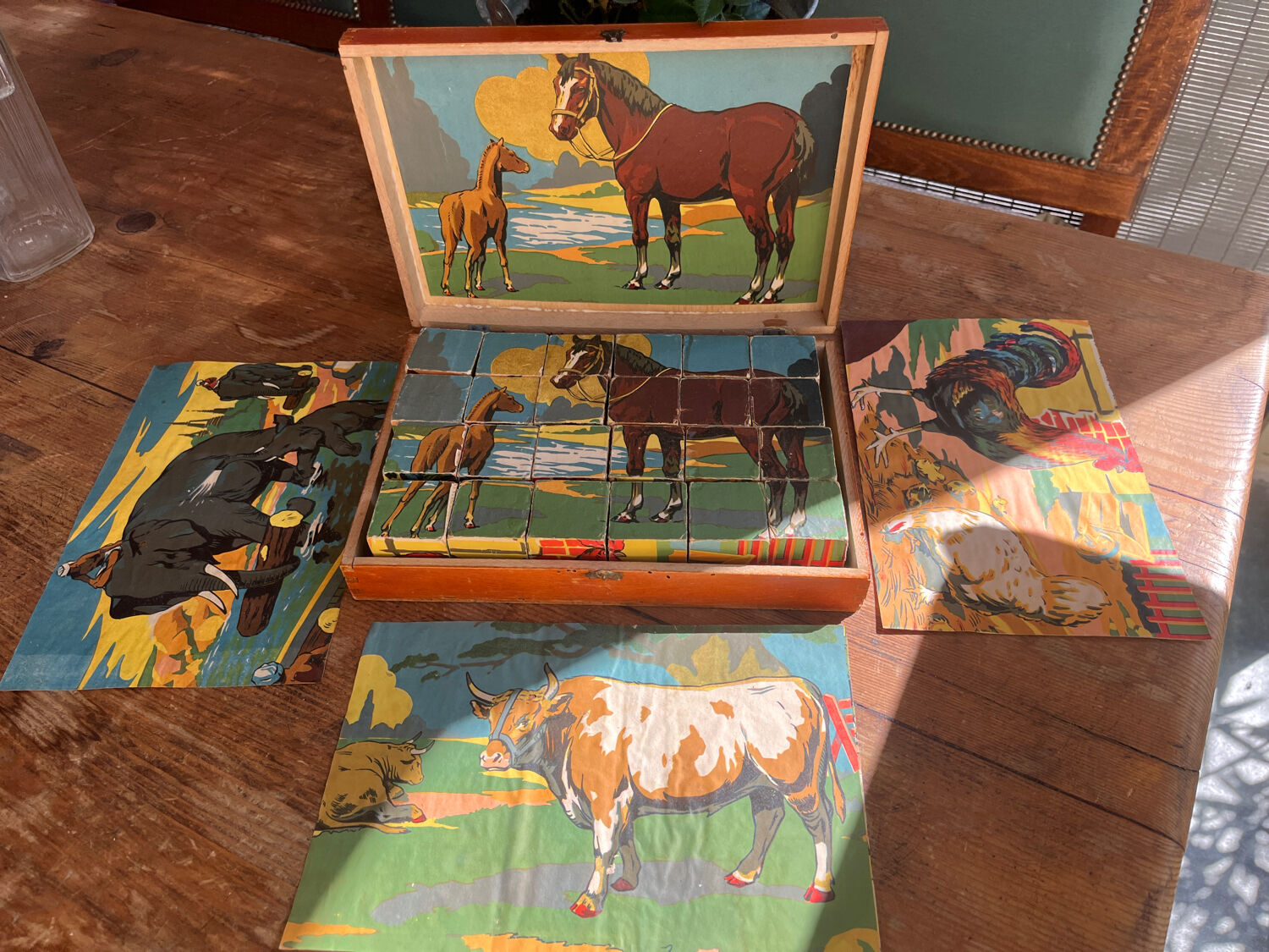 Jeu De 12 Cubes En Bois Vintage Années 1950 - Occasion En Bon état Général