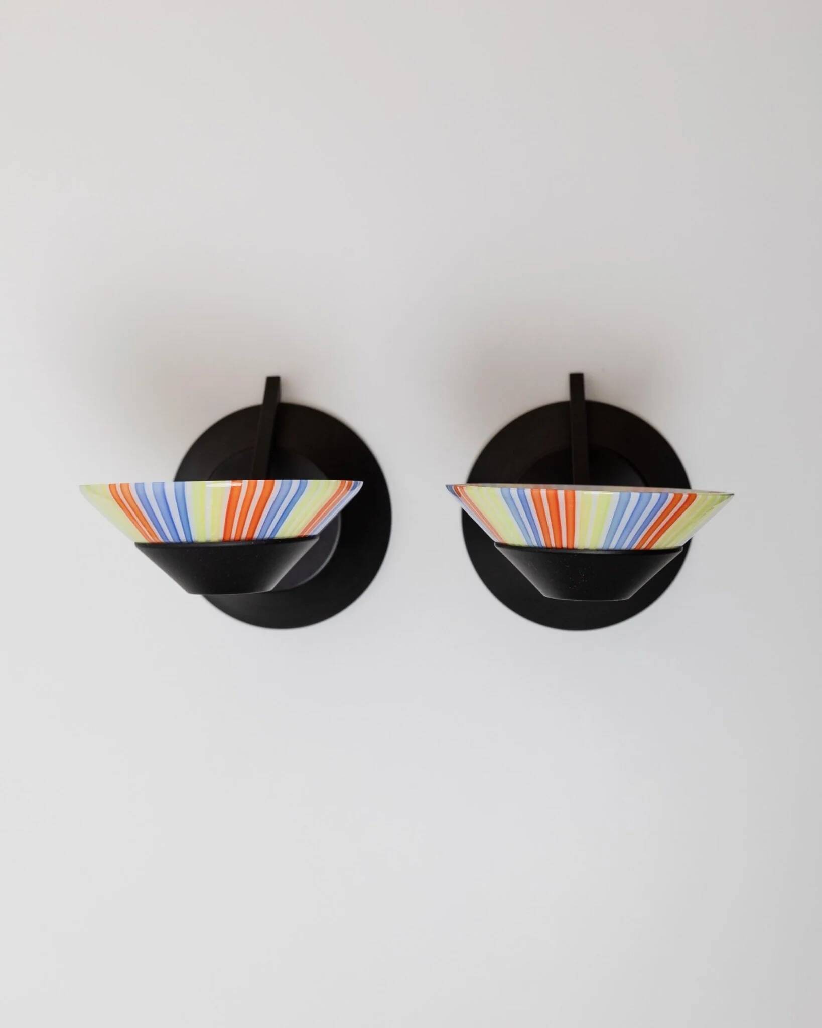 Set of 2 Vintage Murano Glass Wall Lamps with Multicolor Striped Shades and Matte Black Holders